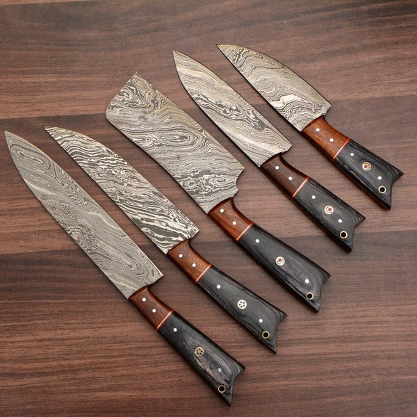 Handmade Damascus Kitchen Chef Knife Set, Cooking Knife Set With Leather Roll Kit, Mother Day Gift for her.