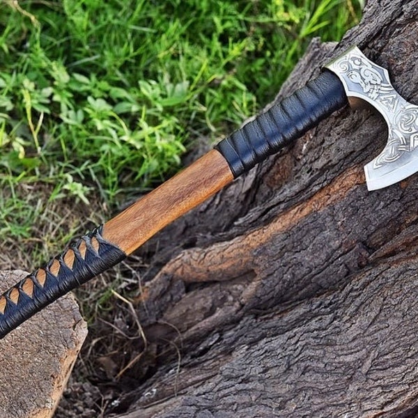 Custom Made Gift Forged Carbon Steel Axe with Wood Shaft, Viking Bearded Camping Axe, Best Birthday, Anniversary Gift For Him