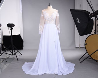 Long Sleeve Sheer and Lace Applique Bodice with Flowing Chiffon Skirt with Train Wedding Dress