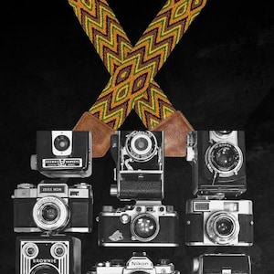 Puede incluir: Un conjunto de ocho cámaras vintage, incluyendo una Brownie, una Nikon y una Zeiss Ikon, están dispuestas en una cuadrícula. Las cámaras están sujetas por un par de tirantes de patrón marrón y amarillo.
