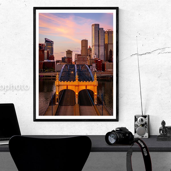 Pittsburgh South Side Smithfield Bridge at Sunset Aerial Photography Print
