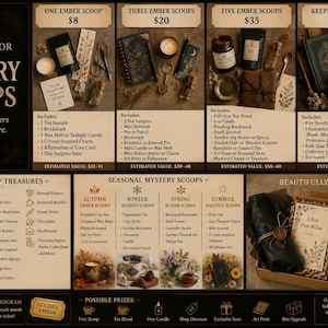 Puede incluir: Un gráfico promocional para The Ember Parlor Mystery Scoops que presenta cuatro sets de regalo, opciones de scoops estacionales, una lista de posibles tesoros y una caja de regalo de papel kraft con papel de seda negro y sello de cera.