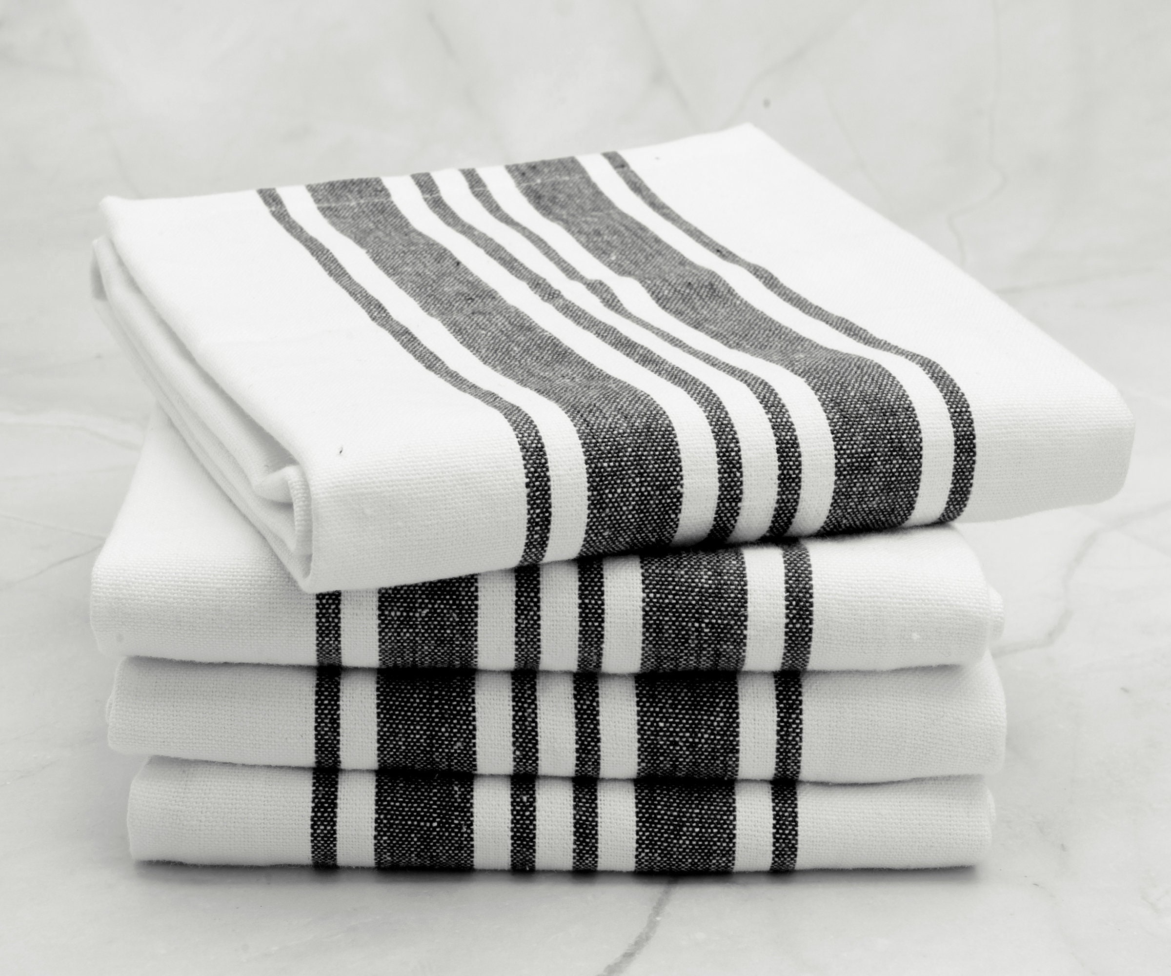 Kitchen Towels Set 4 Striped Dish Towels Absorbent Cotton Tea Towels Black  18x28