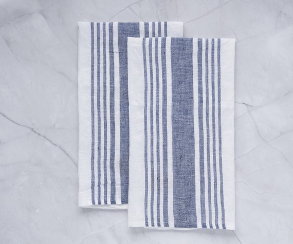 All Cotton and Linen Kitchen Towels - Cotton Dish Towels - Farmhouse Tea Towels - Striped Hand Towels - Set of 4 - 18 inch x 28 inch Navy/White, Size