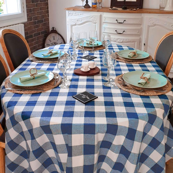 Cotton Rectangle Tablecloth, Blue & White Checkered Tablecloth, Cloth Gingham Tablecloth, Farmhouse Tablecloth, Boho Linen Dining TableDecor