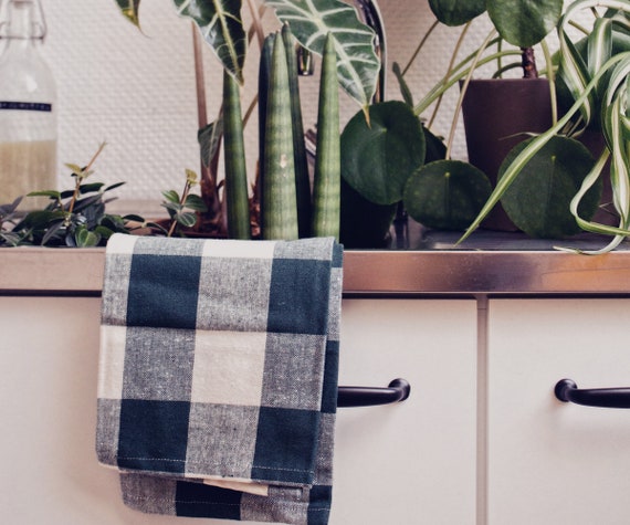 Buffalo Plaid Kitchen Towels - Blue Kitchen Towels - Checkered Tea Towel -  White and Navy Dish Towel - Plaid Dish Towels Grain Sack - Blue Cotton Dish