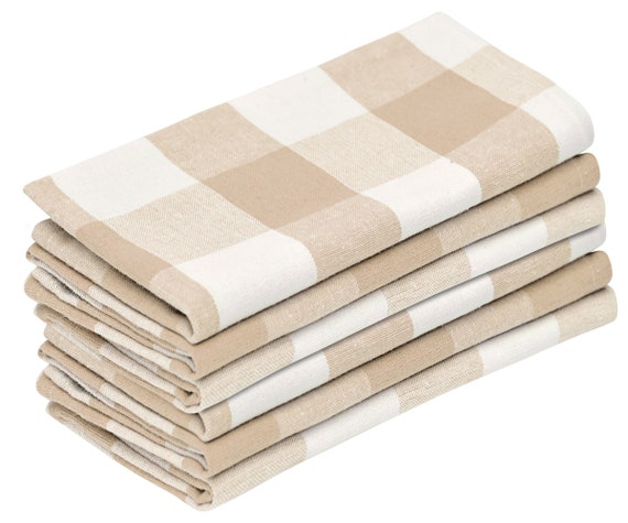 All Cotton and Linen Kitchen Towels, Cotton Dish Towels, Buffalo Plaid Hand Towels, Farmhouse Tea Towels, Set of 6, 18 x 28 inch Beige and Cream