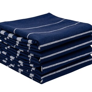 Kitchen Towels Set of 4, Cotton Dish Towels, Navy Blue Hand Towels, Farmhouse Tea Towels, Absorbent Striped Dishcloths, Bulk Linen Towels