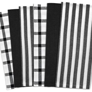 Kitchen Towels Set of 6 - Black and White Hand Towels - Cotton Dish Towels - Absorbent Farmhouse Tea Towel - Linen Striped Dishcloths, 18x28