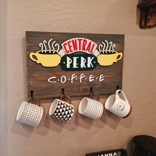 Central Perk Coffee Cup holder, Coffee bar sign, Coffee cup holder, Nostalgic stuff, 90's stuff, friends, Coffee, Cup hanger, wood sign, fan