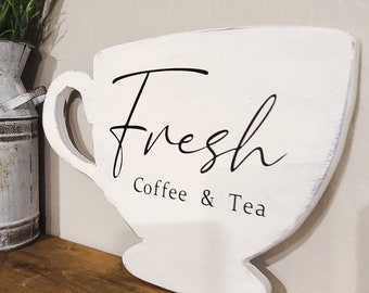 Coffee sign, Personalized, Tea cup, Coffee Bar, Tea Bar decor, Rustic Farmhouse Decor, home decor, coffee, gift, kitchen, birthday, mantel