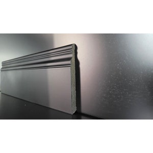 May include: Black baseboard molding with a double-layered, rounded edge detail. The molding is made of a durable material and is designed to add a classic touch to any room.