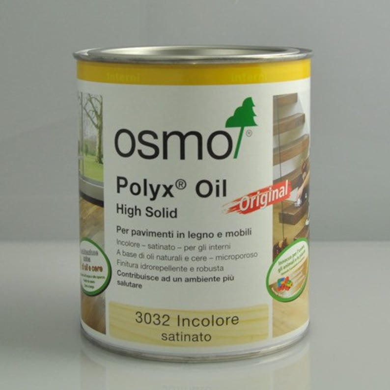 May include: A yellow and white can of Osmo Polyx&reg; Oil High Solid, a wood finish for floors and furniture. The can is labeled "Original" and "Incolore satinato" (satin finish).