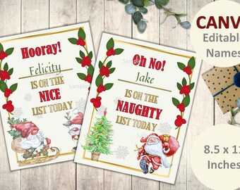 Editable Christmas Naughty or Nice sign Certificate Printable. Personalise in Canva. Commercial Use