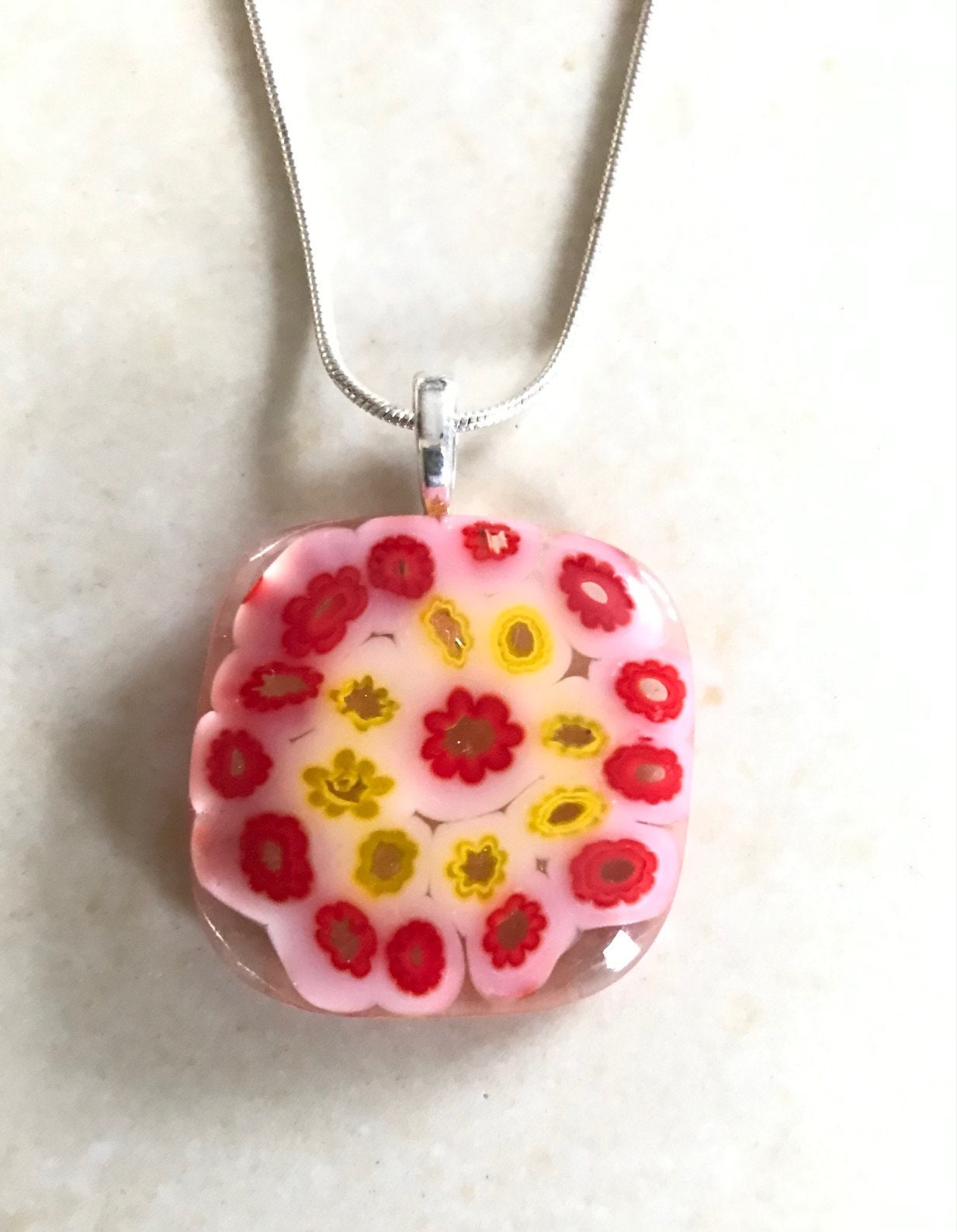 Handmade Millefiori Flower Glass Pendant in Red and Yellow Etsy