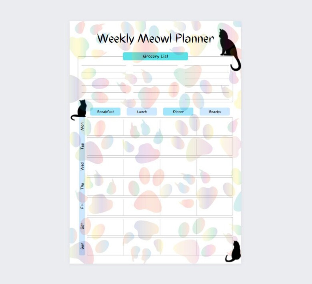 Weekly Meal Planner Meowl Planner Cat Meal Planner Etsy