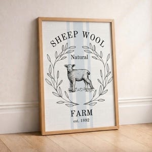 Sheep Wool Farmhouse Wall Art Printable, Blue Grain Sack Farm Animal Print, Easter Cottage Market Decor, Spring Kitchen Rustic Sign Artwork
