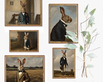 Anthropomorphic Rabbit Painting, Set of 5 Apprentice Bunny Wall Art, Cottagecore Mr Rabbit Victorian Portrait, Easter Woodland Animal Decor