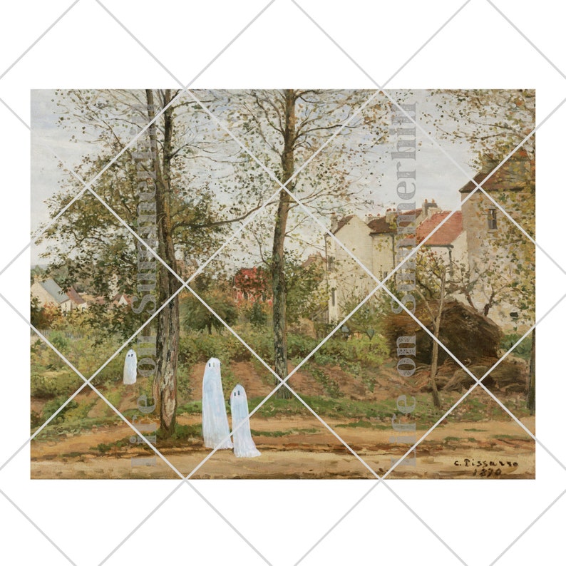 Set of 3 Halloween Vintage Landscape Prints Ghosts Oil Paintings Rustic Wall Art Bundle Farmhouse Halloween Wall Decorations Printable image 4