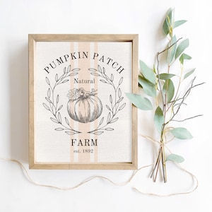May include: A framed print with a vintage design featuring a pumpkin, leaves, and the text "Pumpkin Patch Farm est. 1892". The print has a white background with pink stripes.