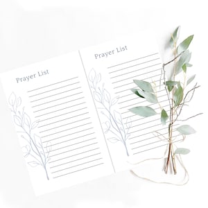 Lista de oración imprimible con líneas florales azules minimalistas, notas de planificador diario cristiano, descarga digital, hojas tamaño carta, diario de fe