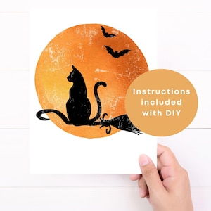 vintage Halloween black cat print, rustic witch broom wall art, orange moon Halloween printable, gothic bats decor, something wicked wall hanger, black cat door decoration, spooky Halloween home print, vintage witchy artwork, printable Halloween entry decor, gothic seasonal wall art
