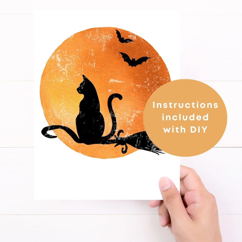 vintage Halloween black cat print, rustic witch broom wall art, orange moon Halloween printable, gothic bats decor, something wicked wall hanger, black cat door decoration, spooky Halloween home print, vintage witchy artwork, printable Halloween entry decor, gothic seasonal wall art