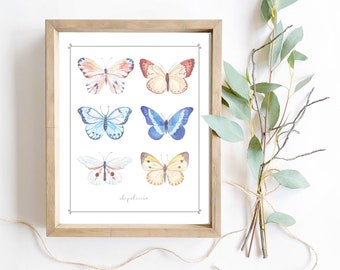 Butterfly home wall decor watercolor art painting of nature butterflies in pink, purple, blue yellow, digital download printable print