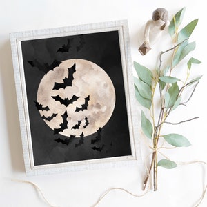 Halloween Bats Flying Around The Moon Spooky Halloween Print Printable Wall Art Digital Download Modern Halloween Art Bat Room Decor