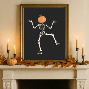 Skeleton Pumpkin Spooky Halloween Printable Wall Art Digital Download Funny Dancing Pumpkin Head Skeleton Cute Home Decor for Trick or Treat