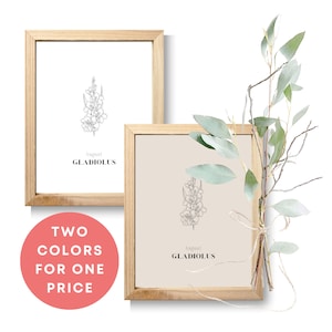 August Gladiolen Geburtsblume druckbare Wandkunst, Sommer botanische Dekoration, Geburtsmonat Blume minimalistische Linie Blumenkunst, Geschenk für Löwe-Sternzeichen