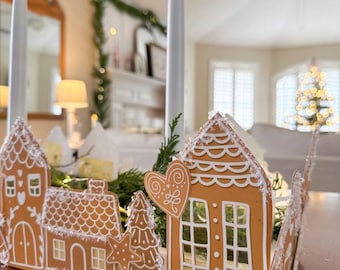 Peperkoek dorp middelpunt afdrukbaar, kerst peperkoek huis tafeldecor, zelfgemaakte peperkoek decoraties, peperkoek knutselen voor de feestdagen