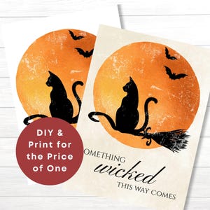 vintage black cat Halloween art, printable Halloween door hanger, orange moon witch broom print, rustic gothic wall decor, bats Halloween artwork, something wicked wall art, spooky cat printable, Halloween entry door decor, vintage witchy home print, gothic Halloween decoration