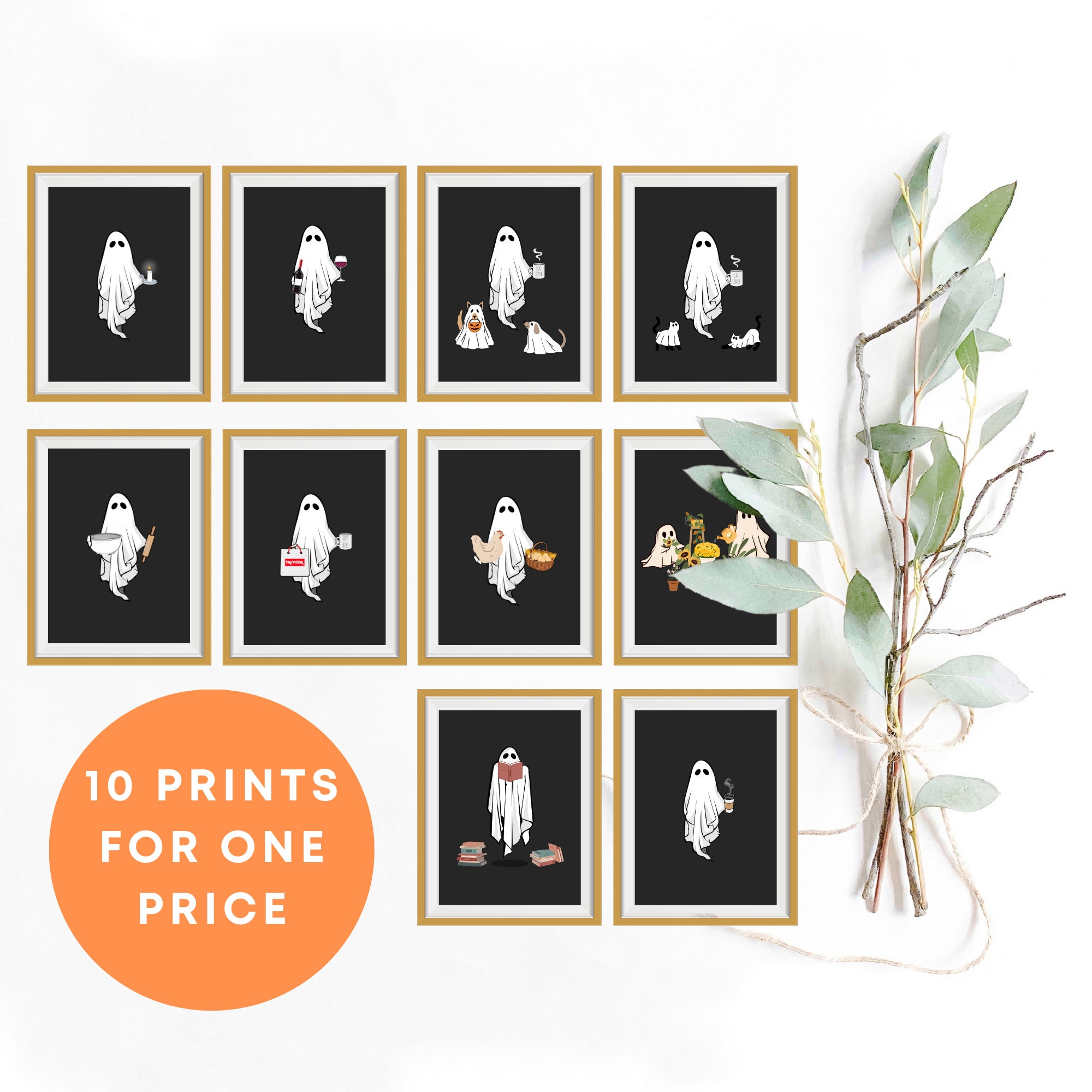 Ghost Art Printable Bundle of 10 Halloween Gallery Wall Set Minimalist ...