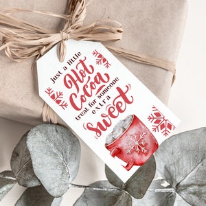 Afdrukbaar rood cadeaukaartje voor de feestdagen Gewoon een beetje warme cacaotraktatie voor iemand extra speciaal Cadeaukaartje met warme chocolademelk