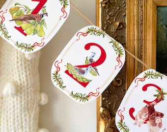 12 Days of Christmas Garland Printable | Twelve Days of Christmas Ornament | DIY Christmas Advent Bunting | Christmas Countdown Banner Decor