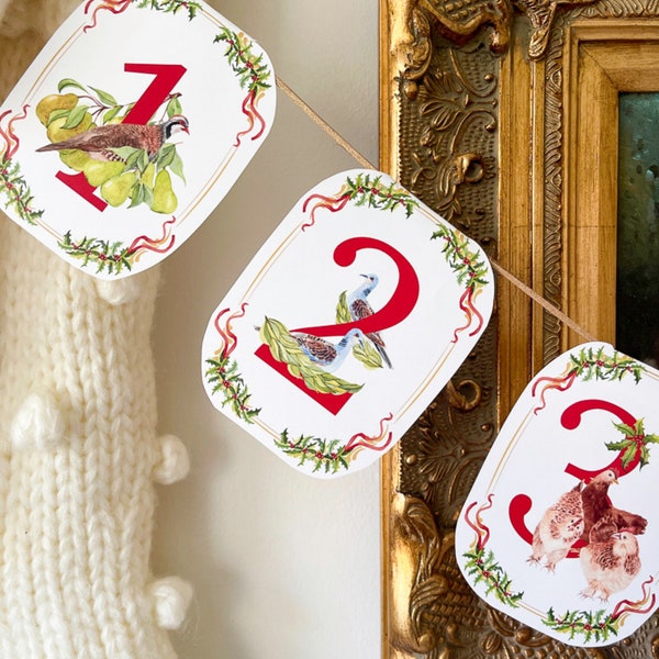 12 Days of Christmas Garland Printable | Twelve Days of Christmas Ornament | DIY Christmas Advent Bunting | Christmas Countdown Banner Decor