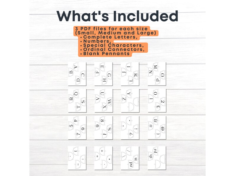 May include: A set of printable pennant templates for creating custom pennants. The templates include letters, numbers, special characters, and ordinal connectors. The templates are available in three sizes: small, medium, and large.