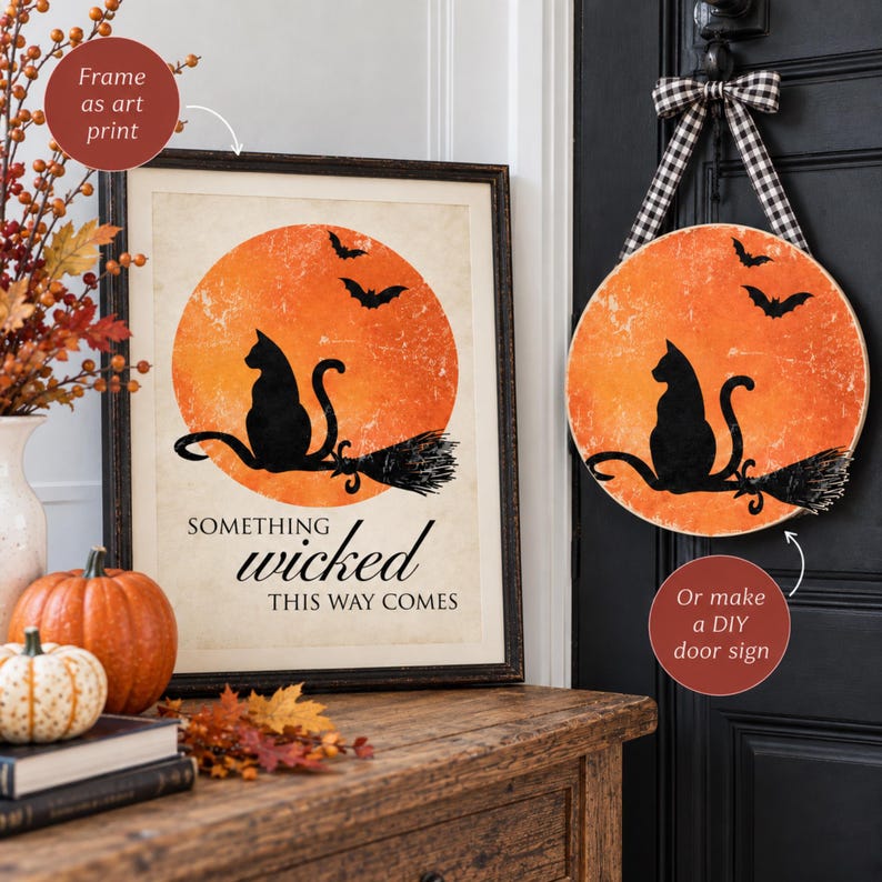 black cat Halloween printable wall art, vintage Halloween door hanger, rustic orange moon decor, witch broom Halloween artwork, bats gothic wall decor, something wicked printable, spooky black cat art, Halloween entryway decor, vintage gothic Halloween print, printable Halloween home decor