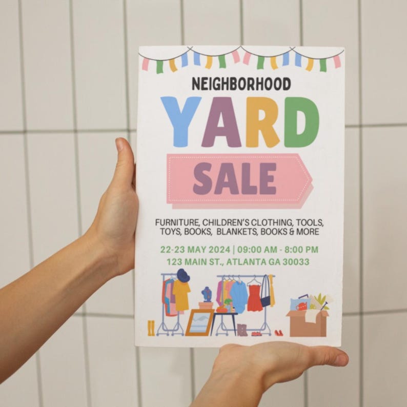CANVA Editable Yard Sale Flyer Template Neighborhood Garage Sale Sign