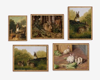 May include: Five framed paintings of rabbits in various settings. The paintings are all in a similar style, with a brown wooden frame and a gold-colored mat. The rabbits are depicted in a variety of poses, some are sitting, some are standing, and some are running. The paintings are all set against a background of trees, grass, and flowers.