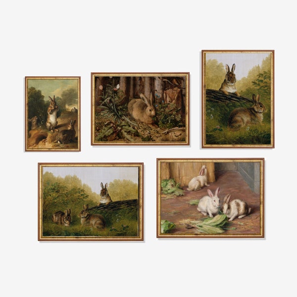 Bunnie Prints | Gallery Art Set of 5 | Vintage Gallery Set | Antique Animal Prints | Fine Art Landscapes | Farmhouse Decore