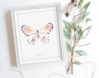 Pink and blue butterfly watercolor wall art digital printable cute spring home decor girls nursery nature print