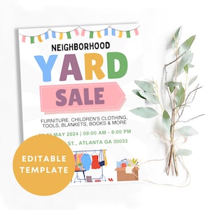 de Flyer de vente de garage modifiable | Enseigne de vente de garage de quartier imprimable | Affiche communautaire de l'événement de vente de garage | Annonce d'une vente de charité