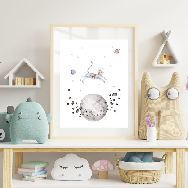 Watercolor cosmic galaxy astronaut cat in outerspace digital download printable wall art for kids room or nursery decor image 6