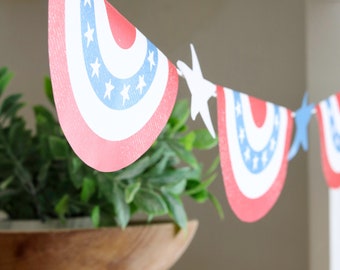 DIY Patriotic Garland Printable | 4th of July Banner Decor | Retro American Flag Swag Stars Buntings | Americana Independence Day Decoration