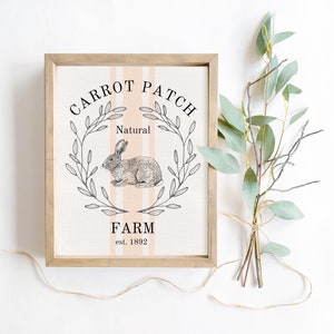Puede incluir: Una impresión enmarcada con un fondo a rayas rosa y blanco. La impresión presenta una ilustración en blanco y negro de un conejo en una corona con el texto "Carrot Patch Natural Farm est. 1892".