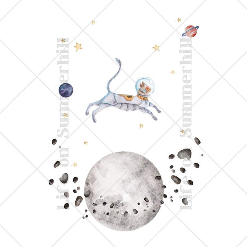 Watercolor cosmic galaxy astronaut cat in outerspace digital download printable wall art for kids room or nursery decor image 2