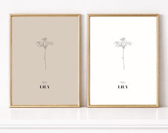 Lirio, la flor de nacimiento de mayo. Lámina decorativa para pared, decoración botánica para el hogar, estampado minimalista de flores de primavera, arte de lirio del valle, regalo para el Día de la Madre.