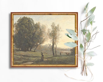 Woman Carrying A Basket Down The Path Landscape Oil Painting Printable Wall Art Digital Download Villager French Art Classic Print Decor